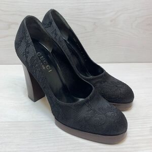 Gucci Platform Pumps Women's Size 7 Black Lace Round Toe Block Heel Slip On